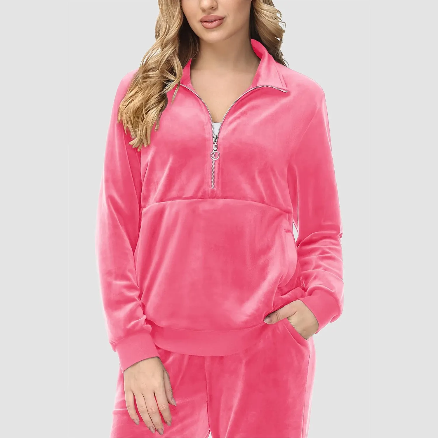 Women's Sweaters Half Zipper Long Sleeve Velour Sweatershirts Fleece Warm
